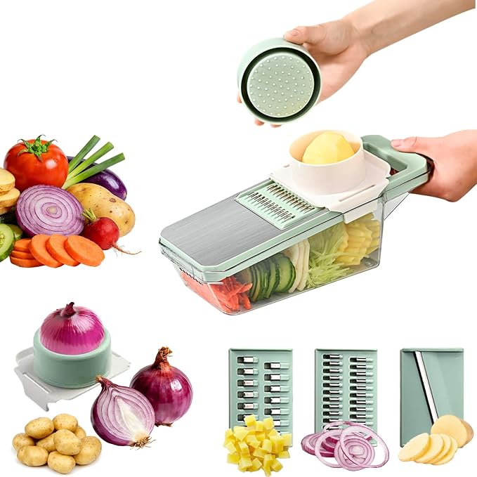 Mandoline Slicer, Vegetable Cutter with 3 Stainless Steel Blades | Hand Guard Veggie Chopper with Container & Lid, Multifunctional Kitchen Dicer for Onion, Potato, Carrot & Fruit