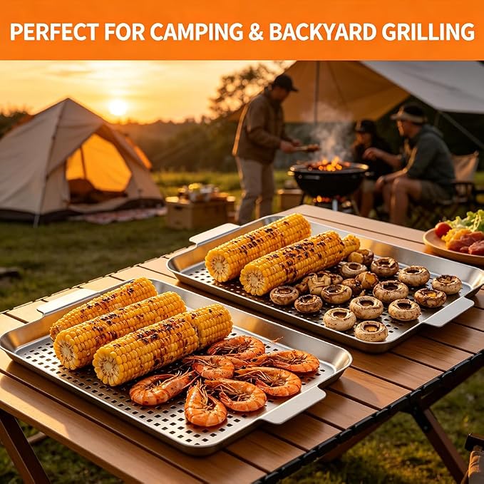 2PCS Grill pan, BBQ Grill Topper for Outdoor Grill with Hole, Stainless Steel, suitable for picnicking, camping, yard (2 pieces)