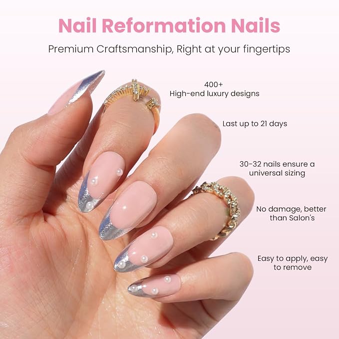 Nail Reformation Press On Nails, Beaded Clutch | Sheer Nude Medium Almond | Fake Nails with Metallic Silver French Tip & Pearl, Reusable Stick On Nails in 15 Sizes - 30 False Nail Kit, Gifts for Women