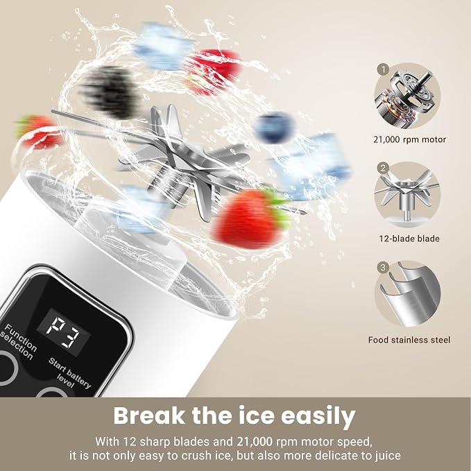 Portable Blender for Smoothies, 500ML USB-C Rechargeable | Personal Blender Cup with 12-Blade Mixer, Mini Smoothie Maker for Protein Shakes, Gym, Office, Travel and Home