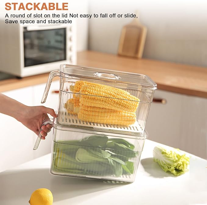 2 Pack Plastic Food Storage Produce Containers for Fridge, Stackable Lettuce Keeper for Refrigerator with Removable Drain Tray Keep Fresh for Vegetables/Fruit/Berry/Salad - 10'' x 5.3'' x 5.2''