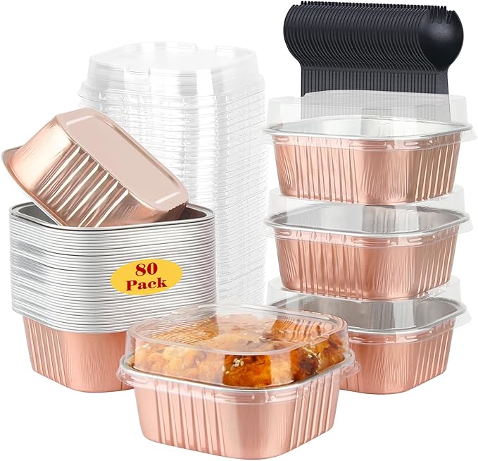 LNYZQUS 80 Pack 10oz Mini Cake Pans with Lids and Spoons for Bake Sales | Disposable, 4" Individual Baking Tins, Square Cinnamon Roll Containers, Small Foil Dessert Cups for Farm Stand, Champagne