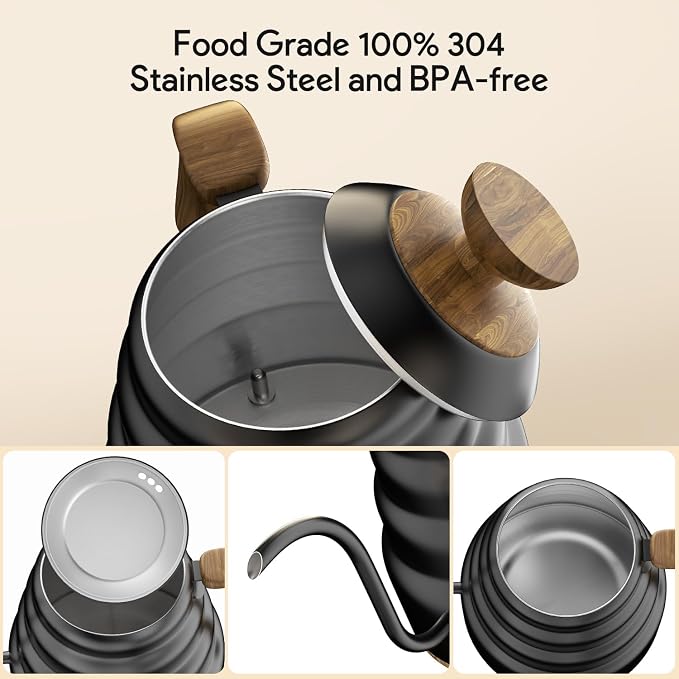 Electric Gooseneck Kettle, 30oz/0.9L Intelligent Temperature Control, Quick Heating, 304 Stainless Steel for Pour Over Coffee, Brew Tea, Boil Hot Water, 1000W （Black）
