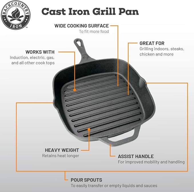 12 Inch Square Grill Pan Large Pre-Seasoned Cast Iron