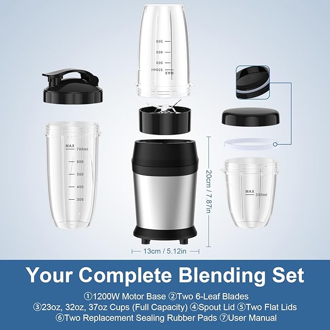 Colarlemo 1200W Smoothie Blender, Personal Kitchen Blender, Ice Crushing | 25000 RPM, Dishwasher Safe, 12Pcs, 6-Leaf Blade×2, 3 Cup Sizes, Smoothie Maker Grinder Frozen Drinks Nuts, Silver