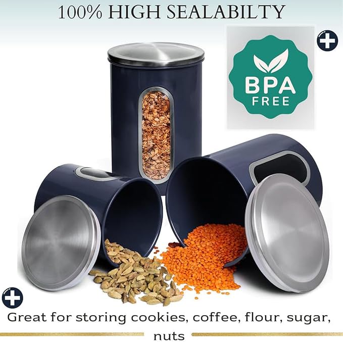 Mixpresso 3-Pcs Blue Canisters Set for Kitchen Storage Airtight Jars | See-through window, coffee container, tea organizer, sugar canister, 3 nesting sizes, counter decor, easy press-on lids