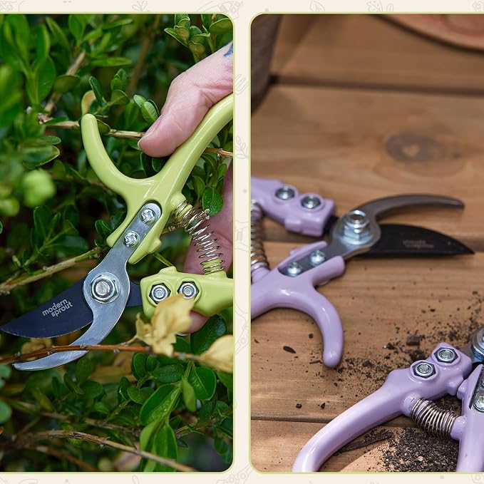 Modern Sprout Bypass Hand Pruners - Scissors - Gardening Tools - Chartreuse | Lightweight Pruning Tool W/ Easy-Lock - Sharp Bypass Carbon Steel Blade - Rust-Resistant - Reusable Holster for Storage