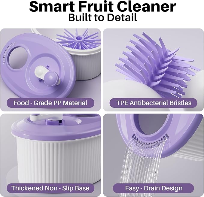 JOYMOOP Fruit Washer Spinner, Fruit Cleaner Spinner with Crank Handle, Hands-Free Fruit & Vegetable Washing Bowl, Manual Fruit Scrubber, Light Lavender