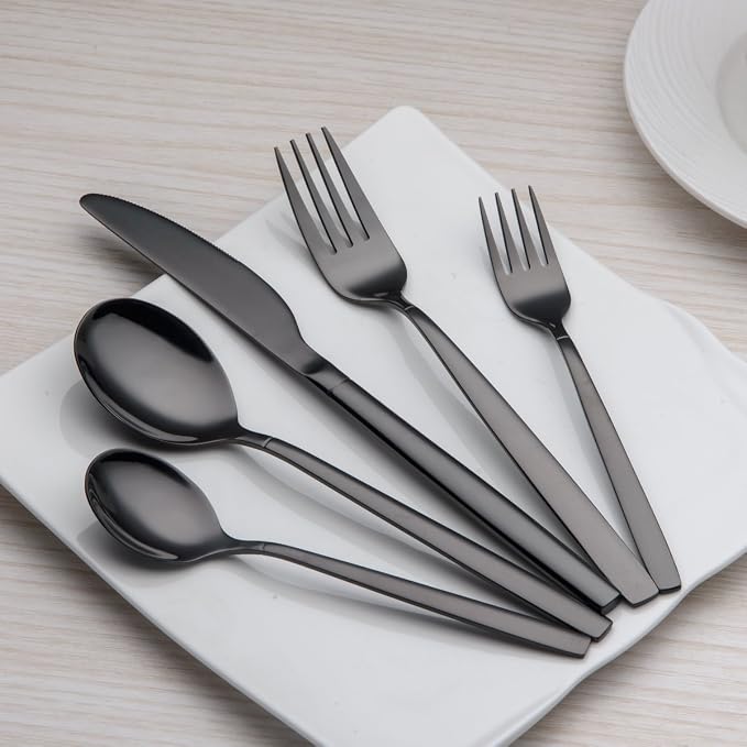 Berglander 20 Piece Titanium Black Plated Stainless Steel Flatware Set, 20 Pieces Silverware Set, Cutlery Set, Service for 4 (shiny Black)