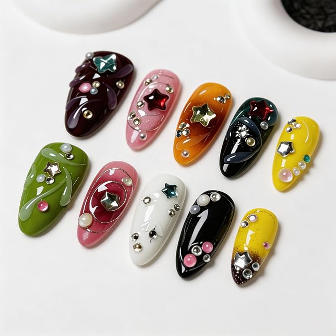 Handmade Press on Nails - Luxury Star & Rhinestone Design Medium Almond Thicked Fake Nails Muti-Layer Gel Handmade Acrylic Nails with 3D Charms Full Cover Stick on Nail for Women 10Pcs（S)