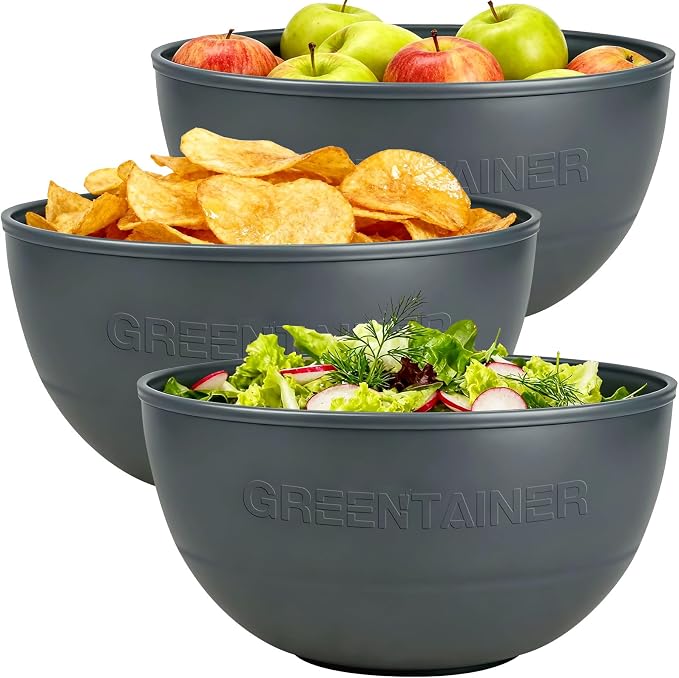 Greentainer 3 Pack Large Plastic Bowls, 135oz Plastic Salad Bowls - Reusable Serving Bowls for Party, Picnic, Entertaining, Kitchen & Outdoor, Microwave & Dishwasher Safe (Grey)