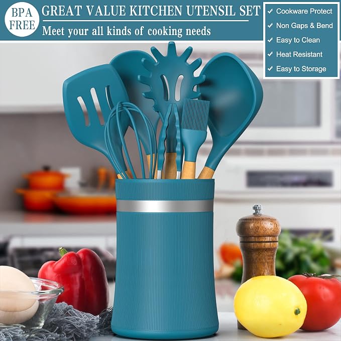 33 PCS Silicone Kitchen Utensils Set, Umite Chef Heat Resistant Cooking Utensils Set With Holder, Wooden Handle Kitchen Gadgets Tools Spatula for Nonstick Cookware