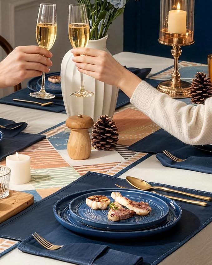 Dinnerware Set for 4, Ceramic Plates & Bowls, Abyssal Blue | 12-Piece Ceramic Speckled Spiral Dishes, Chip & Scratch Resistant, Microwave & Dishwasher Safe, Everyday Use, Farmhouse Style