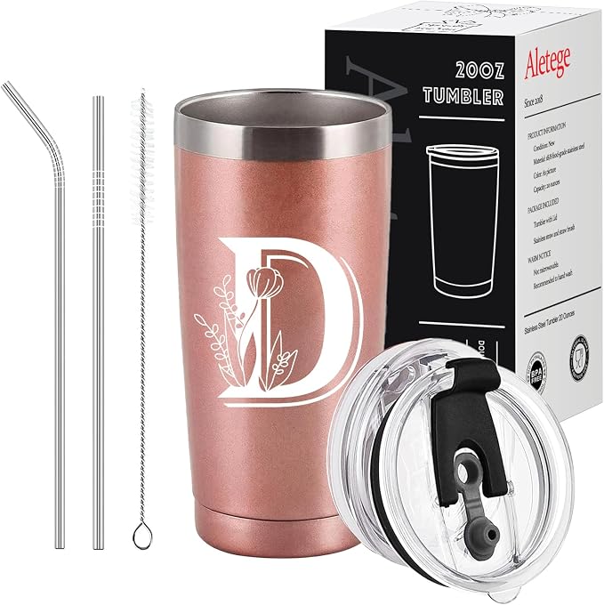 Letter D Insulated Travel Cup with Lid, Personalized Initial Mugs for Women, Letter D Gift Coffee Mugs for Women, Wife, Mom, Grandma, Bridal Shower Gifts, 20 OZ Rose Gold Two Lids