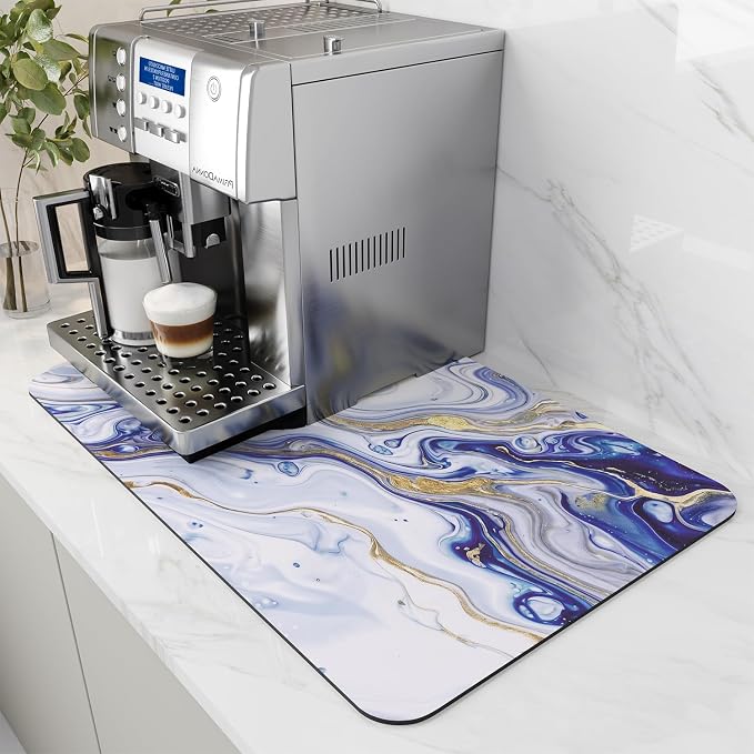 AMOAMI Dish Drying Mat for Kitchen Counter-Coffee Mat Bar Accessories, Hide Stain, Rubber Backed, Absorbent, Fit Under Coffee Maker, Espresso Machine, Pot, Dish Rack,(12x19,Marble,Blue)
