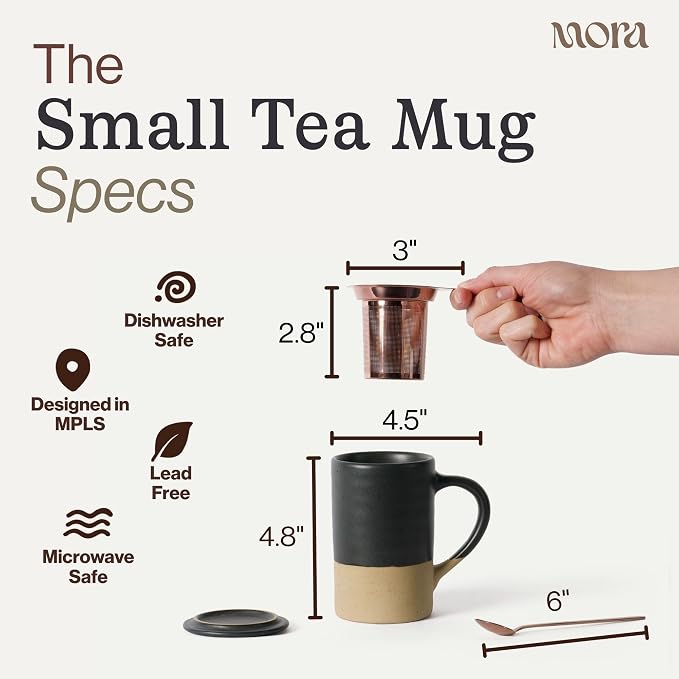 Mora Ceramics Tea Cup with Loose Leaf Infuser, Spoon and Lid, 12 oz, Microwave and Dishwasher Safe Coffee Mug - Rustic Matte Ceramic Glaze, Modern Herbal Tea Strainer - Great Gift for Women, Liquorice