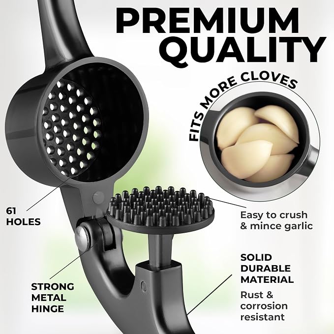 Zulay Kitchen Large Premium Garlic Press Set - Bigger Bowl for Bigger Garlic - Rust Proof Garlic Mincer Tool - Easy-Squeeze, Easy-Clean Silicone Garlic Peeler & Brush (Dark Gray)