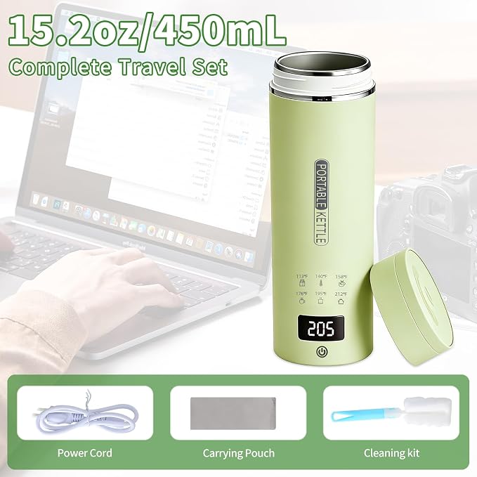 Green Travel Electric Kettle with LCD Display, 6 Temperature Settings, 450ml / 15.2oz, 304 Stainless Steel, Auto Shut-Off and Dry Boil Protection, Compact and Portable Electric Kettle