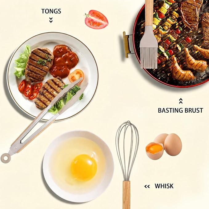 MIBOTE Silicone Cooking Kitchen Utensils Set, Wooden Handle, Khaki | BPA-Free, Non-Toxic Silicone Turner, Tongs, Spatula, Spoon Set – Great for Nonstick Cookware, Heat-Resistant, Easy Clean
