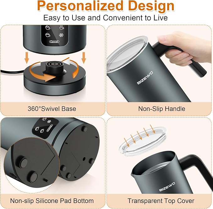 Milk Frother Electric, 4 IN 1 Warm and Cold Milk Steamer for Coffee Latte | Automatic Cold and Hot Foam, Stainless Steel, Foam Maker with Touch Screen for Macchiato, Cappuccino, Hot Chocolate