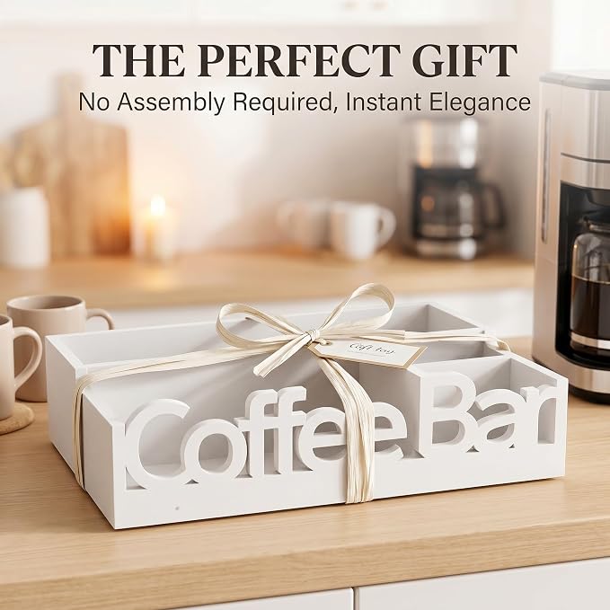 Coffee Bar Organizer Countertop, White Wood Coffee Station Caddy Tray,White | Coffee Pods, Tea Bags, Creamers & Condiments