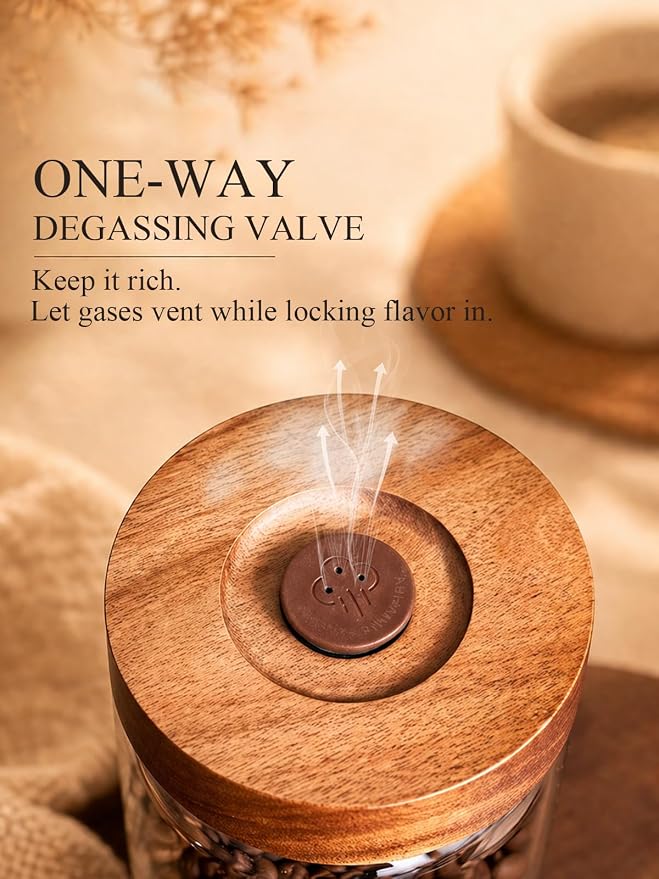Coffee Canister, 9oz Airtight Glass Storage Jar with Wooden Lid | One way CO₂ valve helps keep beans fresh, thick glass jar for coffee beans, grounds, tea, sugar, spices, and countertop decor