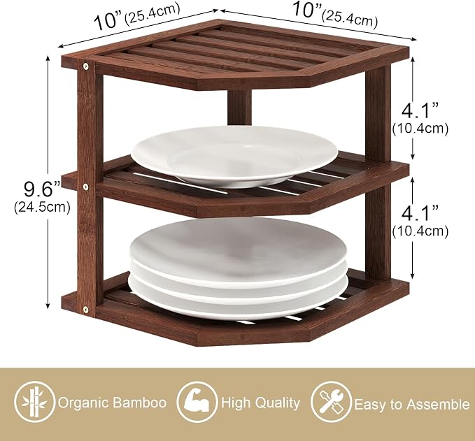 VERTORGAN 3 Tier Bamboo Dish Drying Rack,Corner Shelf 2 Pack(Brown) | Pantry Storage,Dish Rack,Spice Rack,Corner Organizer,Kitchen Counter Shelves,Kitchen Storage,Holds Plates