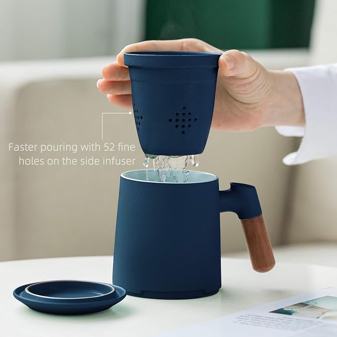 ZENS Tea Mug with Infuser and Lid for Loose Leaf Tea Steeper, 12oz Blue | Embossed Ceramic Tea Cup with Infuser for Herbal Tea Difussers, Tea Lovers Gifts, Nature Wood Handle