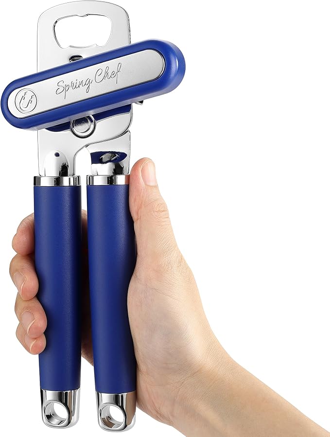 Spring Chef Stainless Steel Manual Can Opener w/Soft Grip Handle, Sapphire | Heavy Duty Hand Can Opener for Seniors with Smooth Edge, Easy Turn, 3in1 Can Opener with Magnetic Lid Remover & Bottle Opener