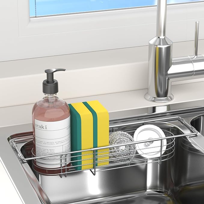 Sink Caddy Sponge Holder Kitchen Sink Organizer Expandable 13.4" to 17.1" | 304 Stainless Steel Telescopic sink organizer rack for kitchen
