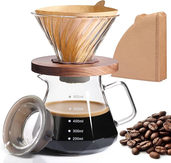 Pour Over Coffee Maker 20 OZ, 6 Cup Borosilicate Glass Drip Coffee Maker with 40 pcs V60 Paper Filter and Walnut Grip for Home Café 600 ML