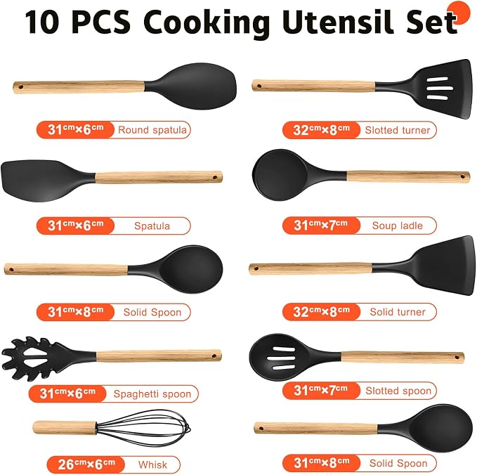 Silicone Cooking Utensil Set,10 PCS Cooking Kitchen Utensils Set, Nonstick Kitchen Utensils 446°F Heat-Resistant Cookware Tools of Spoon,Brush,Whisk,Spatula,Turner Tongs (Black)