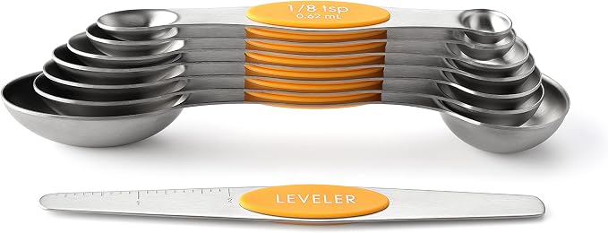 Spring Chef Stainless Steel Magnetic Measuring Spoons Set of 8, Mango | Nesting Teaspoon & Tablespoon Measuring Spoons w/ Leveler for Dry & Liquid Ingredients, Measure Spoons For Baking & Cooking