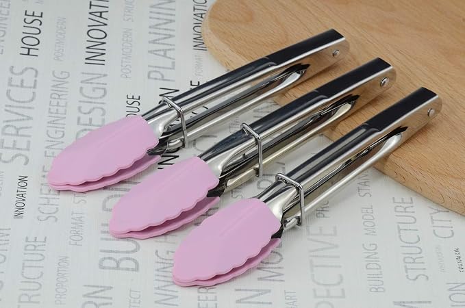 HINMAY 7-Inch Serving Tongs with Silicone Tips, Set of 3 (Pink) | 7-Inch Clam Shell Mini Tongs