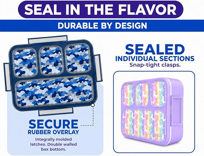 kinsho Bento Lunch Boxes for Kids, Meal and Snack Containers for Boys Girls for School, 4 Compartments, Utensils, BPA Free (Purple Rainbow Unicorn + Blue Camo, 2 Pack Set)