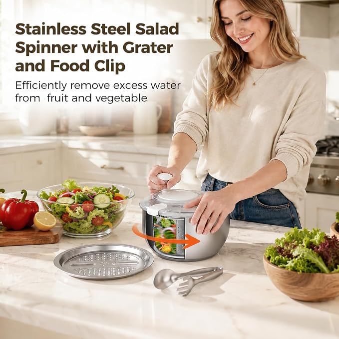 6L Stainless Steel Salad Spinner Set with Grater and Food Clip | Metal Salad Spinner, Fruit Vegetable Dryer with Built-in Drain Spout for Dehydrating Fruit and Vegetable, Pasta