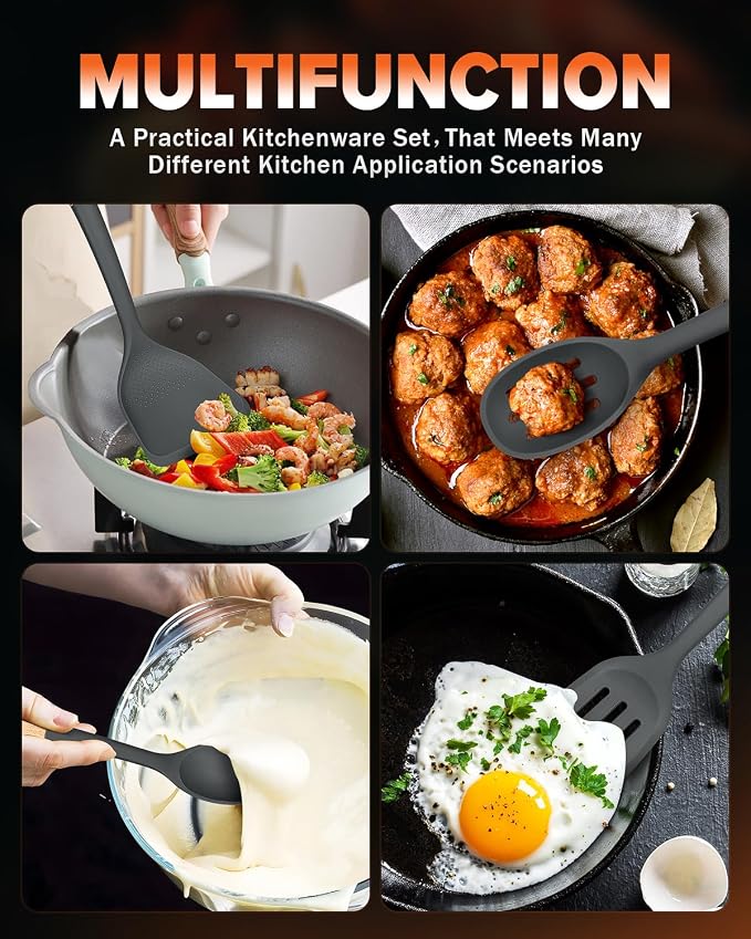Silicone Cooking Utensils Set, Safe for Nonstick Cookwares, Grey | Perfectly Angled for Frying, Mixing,Serving,Draining,Turning and Stirring, BPA-Free Matte Silicone, Wood Handles,4 Pack