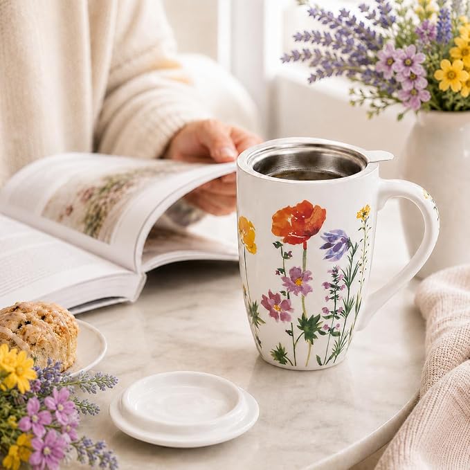 AmorArc Tea Cup With Infuser and Lid, 18oz Loose Leaf Tea Mug With Steeper | Porcelain Tea Mug With Infuser and Lid, Strainer Tea Cup for Tea Lovers, Home & Office, Housewarming Birthday Gift