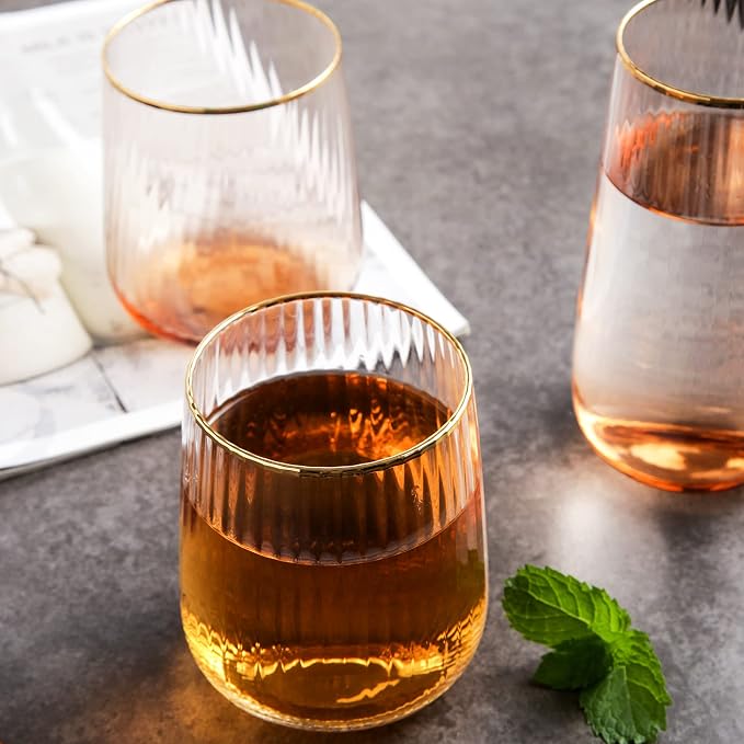 Lysenn Stemless Wine Glasses Set of 4, for Red & White Wine, Gold Rim, 15oz | Hand Blown, Premium Quality, for Dinner Table, Celebration, Holiday Entertaining, Bar Carts and Home Bars, Ideal Wedding Gift