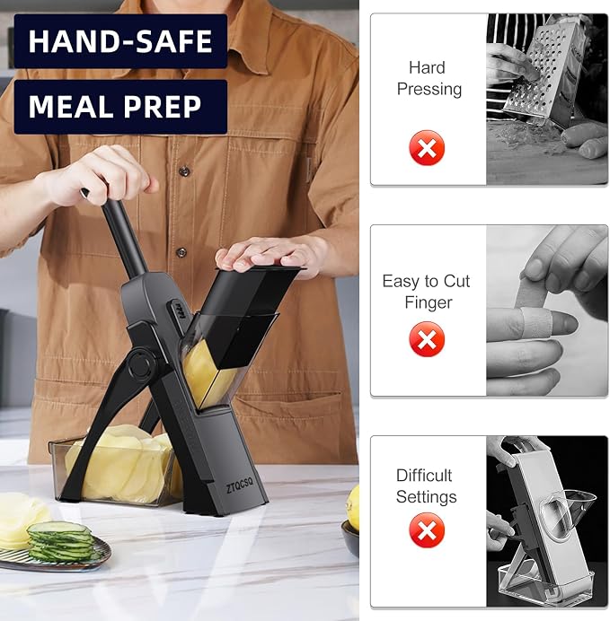 Safe Mandoline Slicer for Kitchen, Professional Vegetable Potato Slicer | 0.1-8 mm Adjustable Thickness, Food Chopper French Fry Cutte, Mandolin, Chopping Artifact Fast Veggie (just Slice, Black)