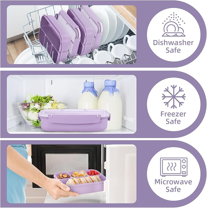 QQKO Bento Box Adult Lunch Box, Lunch Containers for Adults Men Women, Kids Lunch Boxes for School with 4 Compartments, Sauce Container, Utensils and Muffin Cups, Purple