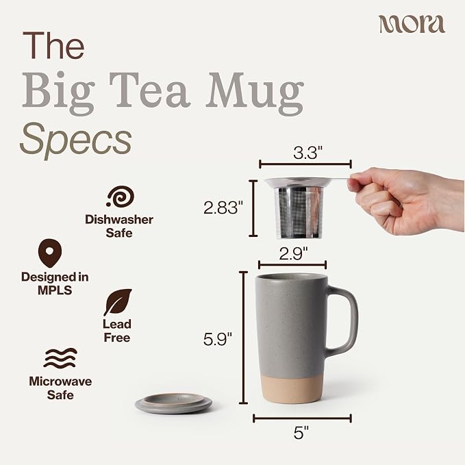 Mora Ceramics Large Tea Mug with Loose Leaf Infuser and Ceramic Lid, 18 oz, Portable, Microwave, Dishwasher Safe, Tall Coffee Cup - Rustic Matte Ceramic Glaze, Modern Herbal Tea Strainer, Peppercorn