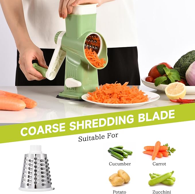 Rotary Cheese Grater Hand Crank Transparent - Shredder Slicer Grinder 3 Stainless Steel Blades, Stable Suction, Labor-Saving Handle, Safe Kitchen Tool for Cheese, Vegetable, Nuts, Chocolate