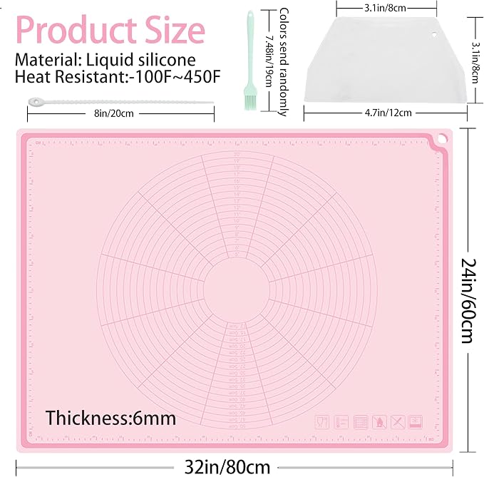 Silicone Pastry Mat 32" x 24", Extra Thick Non-stick Dough Rolling Mat | Anti-slip, Heat Reststant, Dishwasher Safe,With Cable Ties, Crem Scraper, Pastry Brush