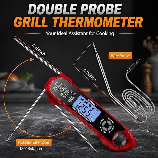 Dual Probes Digital Instant Read Meat Thermometer Waterproof Kitchen Food Cooking Thermometer Backlight, Alarm, °F/°C for BBQ Grill Smoker Steak Turkey Frying Baking Oven Water Oil