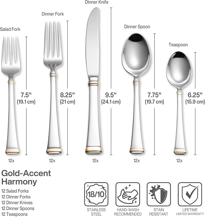 Mikasa Harmony 65-Piece Flatware Set for 12, 18/10 Stainless Steel Silverware with Gold Accent Handles, Service for 12 with Serving Utensils, Dishwasher Safe