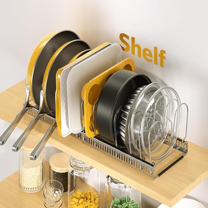 Pots and Pans Organizer under Cabinet, 11.8-22.8" 12 Dividers Silver | Extends 11.8-22.8", Holds pot lids, pans, cookware and bakeware, Adjustable dividers, for under cabinet or countertop