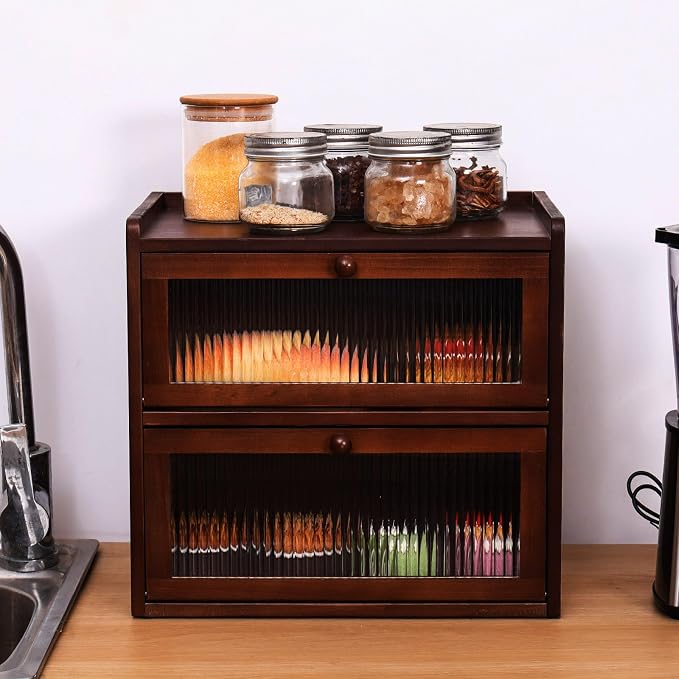 Double 2 Layer Large Bread Box for Kitchen Counter, Wooden Bread Storage Container Organizer Holder with Acrylic Window (brown)