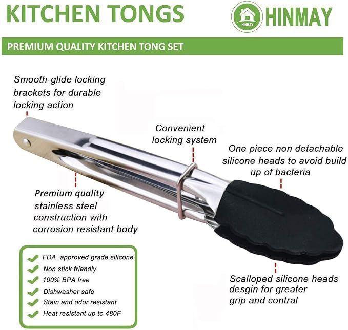 HINMAY Mini Tongs with Silicone Tips 7-Inch Kitchen Tongs, Set of 3 (Black)