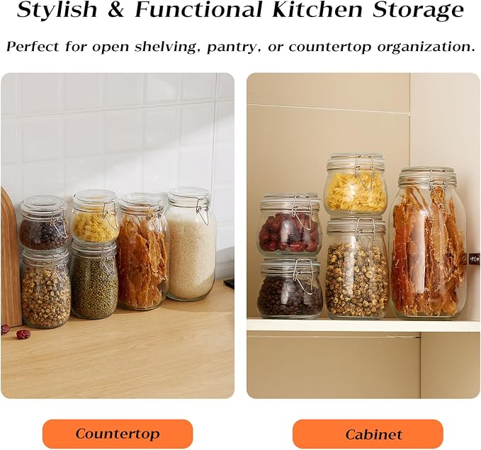 BJONKZ 6 Pack 17 oz Glass Jars with Airtight Lids – Food Storage Containers with Preserving Seal Wire Clip Fastening, Glass Canisters for Kitchen Canning Flour, Cereal, Sugar, Beans (17oz*6)